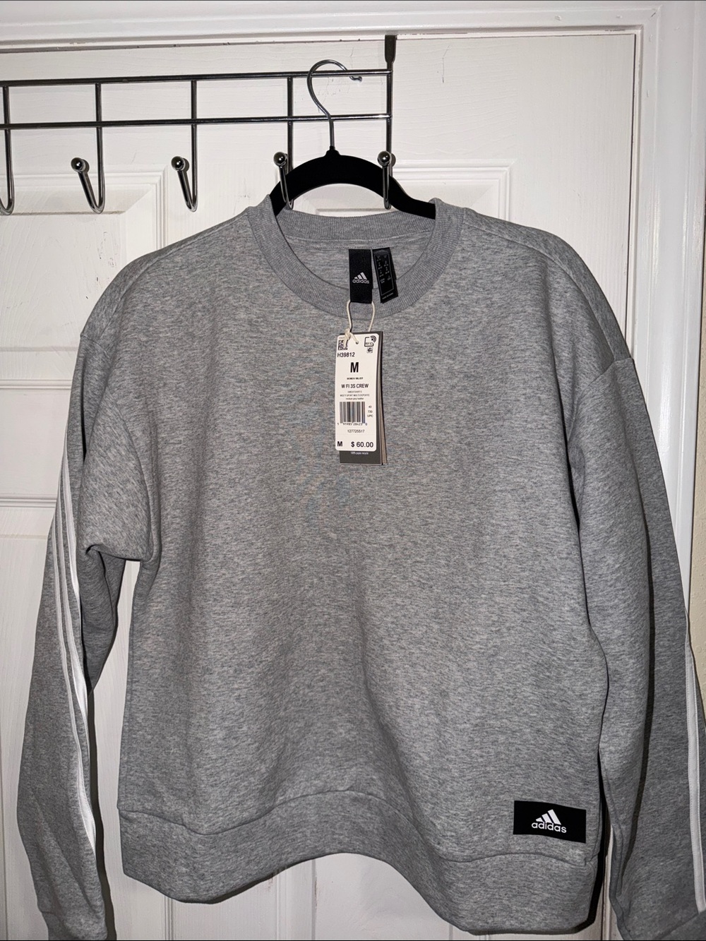 adidas Women’s Gray Crew Sweatshirt with White Stripe Sleeves